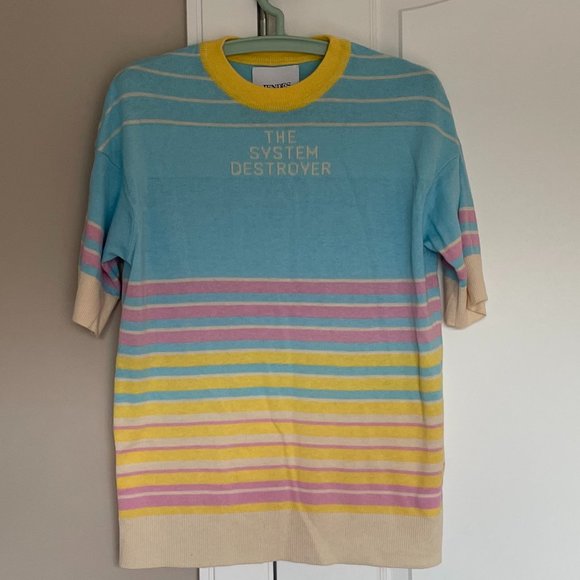 JENDES The System Destroyer Blue Soft Knit T-shirt with Yellow Pink Stripes S - Picture 2 of 5
